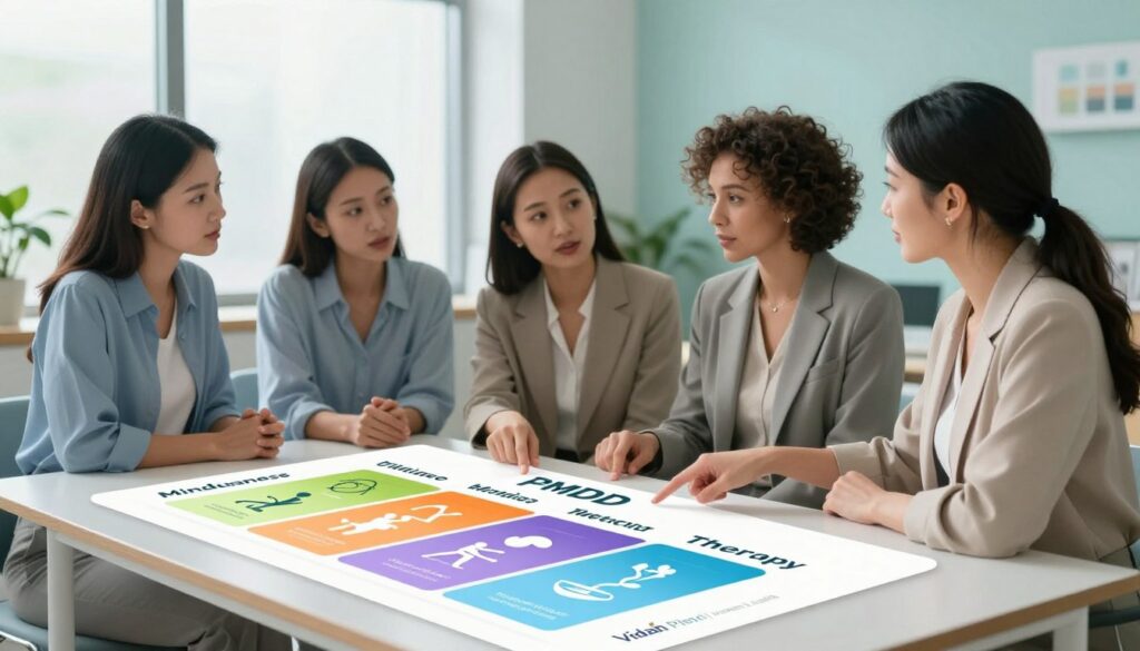 A visually striking comparison table illustrating stress management techniques for PMDD, set in a well-lit, modern medical office environment. In the foreground, a sleek table displays a colorful infographic comparing effective stress relief methods, including mindfulness, exercise, and therapy, each represented by simple icons. In the middle ground, a diverse group of three realistic women in professional business attire engage in thoughtful conversation, pointing at the table, embodying a supportive and collaborative atmosphere. The background features large windows letting in natural light, with soft, calming colors like pale blue and green promoting serenity. The scene conveys a sense of empowerment and hope, aligned with premium medical magazine aesthetics. The brand "Vidah Plena | women's health" is subtly represented in the corner of the table design. A visually striking comparison table illustrating stress management techniques for PMDD, set in a well-lit, modern medical office environment. In the foreground, a sleek table displays a colorful infographic comparing effective stress relief methods, including mindfulness, exercise, and therapy, each represented by simple icons. In the middle ground, a diverse group of three realistic women in professional business attire engage in thoughtful conversation, pointing at the table, embodying a supportive and collaborative atmosphere. The background features large windows letting in natural light, with soft, calming colors like pale blue and green promoting serenity. The scene conveys a sense of empowerment and hope, aligned with premium medical magazine aesthetics. The brand "Vidah Plena | women's health" is subtly represented in the corner of the table design.