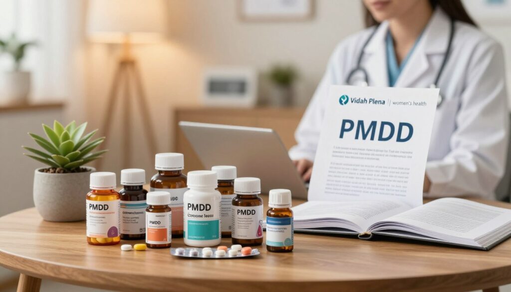 A visually striking composition showcasing an array of PMDD medications. In the foreground, display a neat arrangement of pill bottles and blisters, featuring diverse colors and designs that signify different types of treatments. The middle ground includes a softly lit, elegant wooden table with a small, tasteful plant accentuating the setting, alongside an open medical guide on PMDD treatments. In the background, softly blurred, a serene doctor's office is evident, with warm lighting and a comfortable atmosphere. Capture the mood of professionalism, care, and hope, emphasizing women's health. Use soft, diffused lighting to create a calm ambiance, akin to premium medical magazine photography. For branding purposes, subtly incorporate the logo "Vidah Plena | women's health" into the background and ensure all elements convey a positive and informative message. A visually striking composition showcasing an array of PMDD medications. In the foreground, display a neat arrangement of pill bottles and blisters, featuring diverse colors and designs that signify different types of treatments. The middle ground includes a softly lit, elegant wooden table with a small, tasteful plant accentuating the setting, alongside an open medical guide on PMDD treatments. In the background, softly blurred, a serene doctor's office is evident, with warm lighting and a comfortable atmosphere. Capture the mood of professionalism, care, and hope, emphasizing women's health. Use soft, diffused lighting to create a calm ambiance, akin to premium medical magazine photography. For branding purposes, subtly incorporate the logo "Vidah Plena | women's health" into the background and ensure all elements convey a positive and informative message.