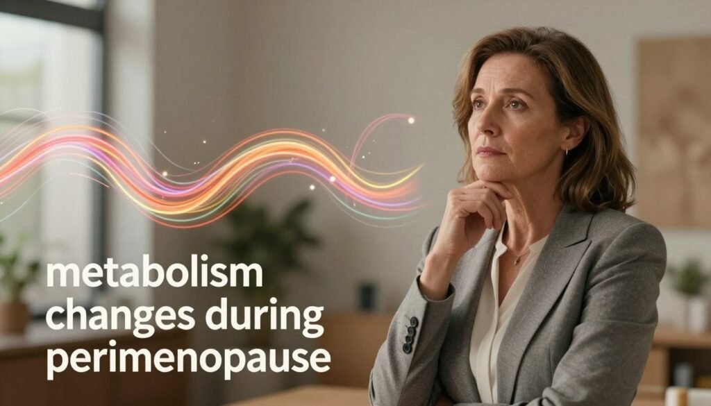 A visually striking editorial image depicting the concept of "metabolism changes during perimenopause." In the foreground, a middle-aged woman in professional business attire stands thoughtfully, her expression reflecting contemplation and understanding. In the middle ground, a dynamic representation of metabolic processes, such as vibrant, flowing lines symbolizing hormone fluctuations and energy shifts, contrasts against a soft, muted background of a serene office environment. Use soft, natural lighting to create an inviting atmosphere, with a focus on warm tones to evoke a sense of comfort and support. The lens should capture a slightly elevated angle to encompass both the woman and the abstract representation of metabolism, providing a balanced composition. This image serves as a premium quality visualization for women's health, branded "Vidah Plena | Women's Health."