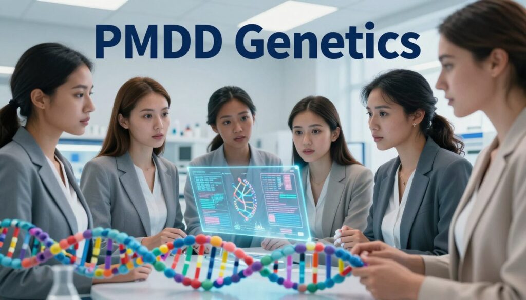 A visually striking illustration for the concept of "PMDD Genetics," featuring a diverse group of women of various ethnicities, dressed in professional business attire, engaged in a discussion around DNA strands and genetic markers. In the foreground, a close-up of a double helix DNA structure that represents genetic components, vibrant and detailed. In the middle ground, the women are analyzing genetic data displayed on holographic screens, with expressions of curiosity and discovery. The background features soft, blurred images of a laboratory setting, evoking a scientific atmosphere. The lighting is bright and clinical, highlighting the subjects and their focus on the genetics theme. The overall mood is informative and professional, fitting for a premium medical magazine style. Editorial women's health photography, Vidah Plena | women's health.