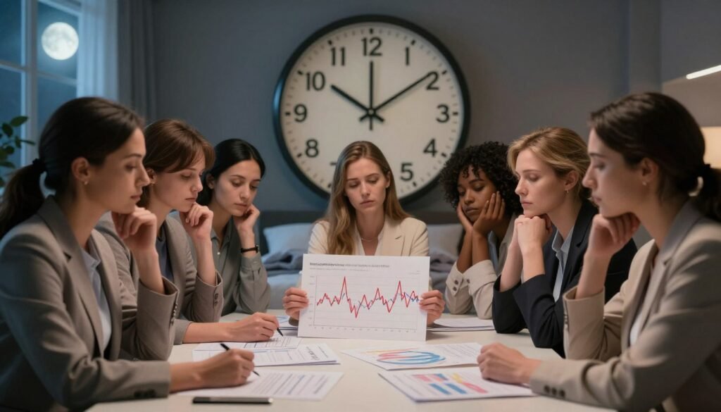 A visually striking illustration representing the connection between estrogen levels and sleep disruption, in a soft, warm color palette. In the foreground, a diverse group of women in professional attire, appearing contemplative and slightly fatigued, are gathered around a table, analyzing graphs displaying fluctuating estrogen levels. The middle ground features a large clock showing late night hours, symbolizing insomnia. In the background, a serene bedroom scene with dim lighting, showcasing an unmade bed and a window partially open, allowing gentle moonlight to filter in. The overall mood is reflective and thoughtful, embodying the struggle of maintaining balance during perimenopause. High-quality, editorial style, capturing real emotions, intended for Vidah Plena | Women's Health.