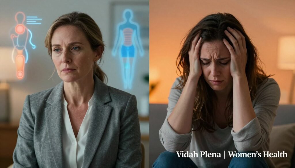 Perimenopause vs Anxiety: What's Really Causing Your Symptoms? 1 A visually striking image comparing perimenopause and anxiety symptoms, featuring a split composition. On the left, a calm, introspective woman in professional clothing, embodying perimenopause, with subtle emotional expressions, surrounded by warm, soft lighting to evoke feelings of serenity. On the right, a woman in casual attire, visibly anxious, with her hands resting on her head in distress, illuminated by cooler, sharper lighting to emphasize tension. In the background, abstract representations of common symptoms related to each condition—like temperature changes illustrated with cool blue tones on one side and warm orange on the other. The overall atmosphere balances professionalism with emotional depth, reflecting the nuances of women's health. This editorial image aims for premium quality, branded subtly with "Vidah Plena | Women's Health" in the lower corner.