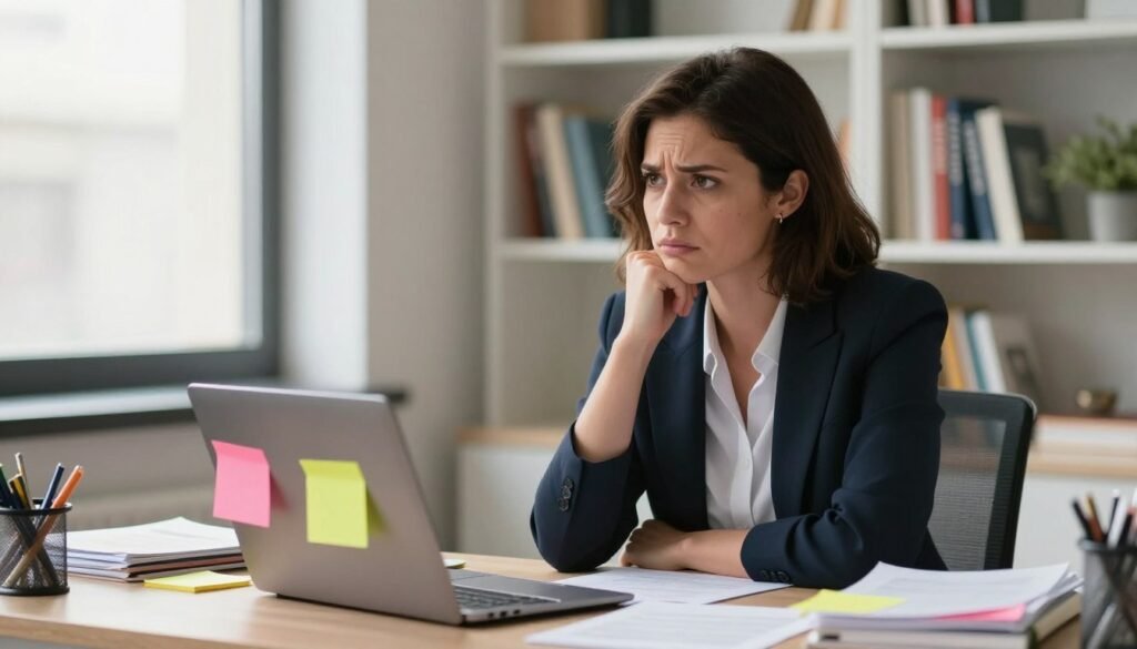 ADHD and PMDD: Why These Conditions Commonly Overlap 1 A visually striking representation of ADHD symptoms, focusing on a professional woman in a brightly lit, modern office environment. In the foreground, she is seated at a cluttered desk filled with scattered papers, a half-open laptop, and vibrant sticky notes, reflecting distractions and overwhelming thoughts. The middle layer showcases her expression of frustration and contemplation, as she looks thoughtfully out a window, lost in thought. In the background, a soft-focus bookshelf filled with self-help books conveys a sense of seeking understanding and management of her symptoms. The lighting is warm and inviting, creating an atmosphere of both sincerity and challenge. The overall mood is serious yet hopeful, emphasizing the emotional journey associated with navigating ADHD.