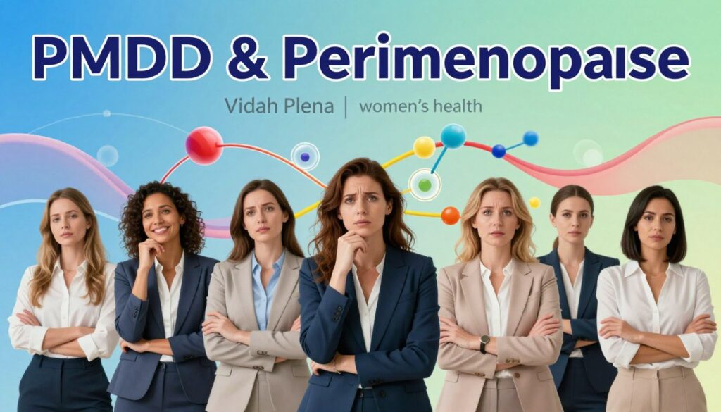 A visually striking representation of hormone fluctuations, focused on the hormonal differences between PMDD and perimenopause. In the foreground, a diverse group of realistic women in professional business attire stands confidently, each portraying a different emotion linked to hormonal changes: joy, contemplation, and resolve. The middle layer features a dynamic, abstract depiction of hormone molecules and fluctuations represented through vibrant colors and flowing lines interconnecting between the figures. In the background, a soothing gradient of blues and greens symbolizes balance and health, with gentle soft lighting that creates an uplifting atmosphere. The composition should resemble a premium medical magazine style, ensuring clarity and professionalism. Include the brand name "Vidah Plena | women's health" subtly integrated into the design, reflecting an editorial women's health theme.