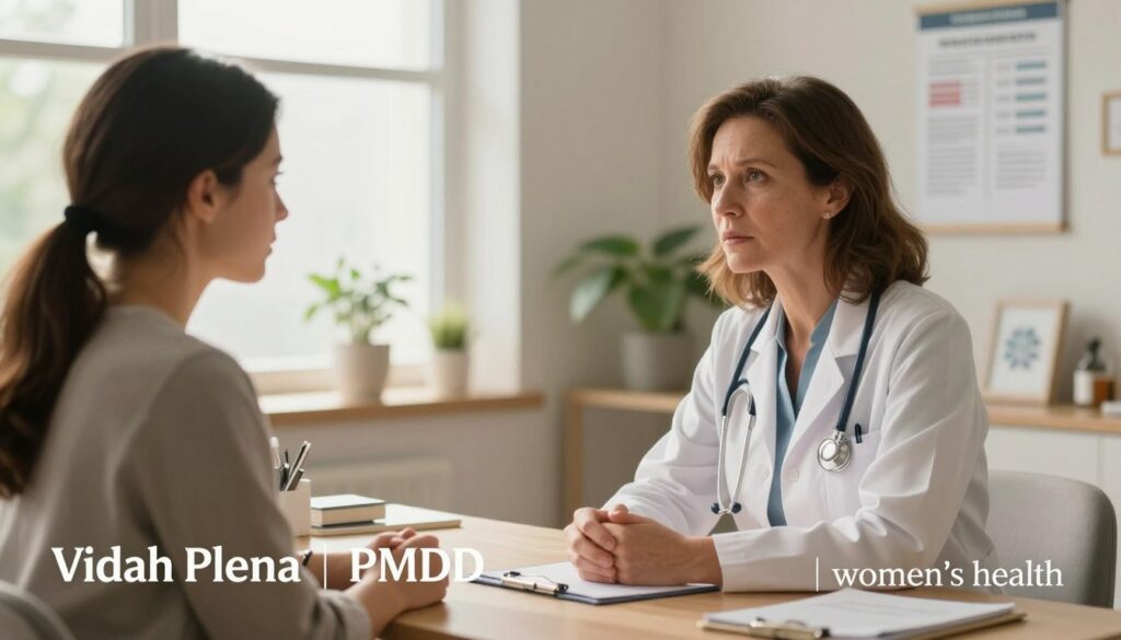 A warm and inviting medical consultation room, softly lit with natural light filtering through a window. In the foreground, a compassionate healthcare professional, a middle-aged woman in smart professional attire, is seated at a desk, attentively listening to a young woman in modest casual wear who is expressing concern. The young woman has an expression of anxiety, highlighting the importance of seeking help. In the background, medical charts and comforting decor create a serene atmosphere. A potted plant adds a touch of life to the scene. The overall mood conveys support and understanding, emphasizing the significance of seeking medical assistance for PMDD. This image should reflect a premium medical magazine style, branded with "Vidah Plena | women's health".