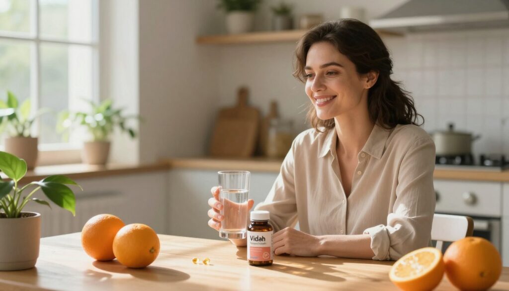 A warm, inviting scene illustrating the benefits of vitamin D for PMDD. In the foreground, a serene woman in professional attire is smiling, sitting at a bright wooden table surrounded by leafy green plants and sunlight filtering through a window. She is holding a glass of water next to a bottle of vitamin D supplements labeled “Vidah Plena | women's health.” In the middle ground, soft, glowing light enhances the scene, highlighting the vitamin D capsules and a few fresh oranges to signify natural sources of this nutrient. The background features a simple, stylish kitchen with soft colors that create a calm atmosphere, emphasizing tranquility and wellness. The overall mood is uplifting and informative, evoking a sense of hope and empowerment for women's health.