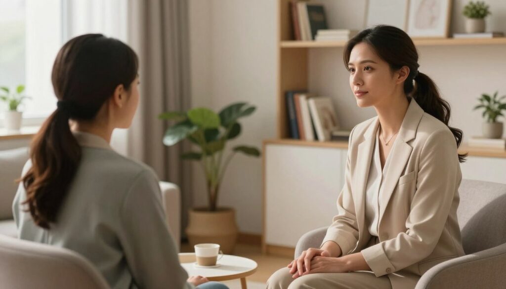A warm, inviting therapy room bathed in soft, natural light. In the foreground, a compassionate therapist, a realistic woman in professional attire, gently listens to a patient seated on a comfortable chair, exuding empathy and understanding. The middle ground features a serene environment with calming colors, tasteful decor, and subtle plants adding life to the scene. In the background, shelves lined with books on mental health and wellness create an atmosphere of knowledge and support. The overall mood is tranquil and reassuring, emphasizing emotional support and healing. The image aims to embody the essence of alternative therapeutic approaches, suitable for an editorial on women's health, specifically for PMDD. Vidah Plena | women's health.