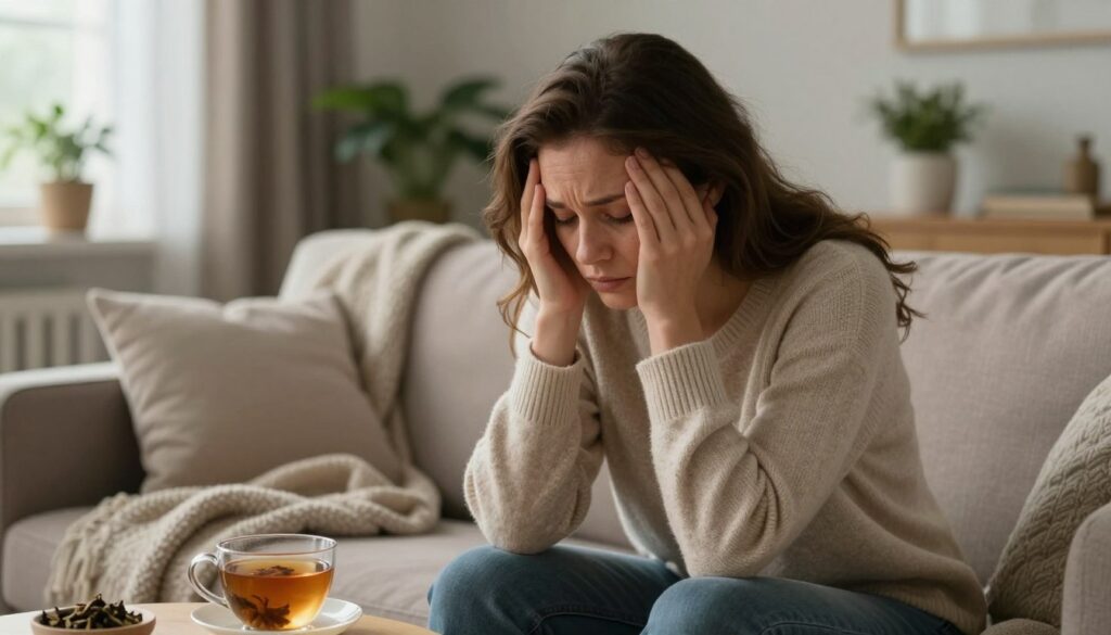 PMDD Fatigue: Why It Happens and How to Regain Energy 1 A weary woman in a cozy, softly lit living room, seated on a comfortable couch, holding her head in her hands, reflecting the intimacy of menstrual fatigue. She wears a modest casual sweater and has a relatable expression of exhaustion and contemplation, emphasizing emotional depth. In the foreground, a warm cup of herbal tea rests on a small table nearby. The middle ground features a plush blanket draped over the couch and a few calming plants adding a touch of nature. In the background, soft, muted colors of the room create a serene atmosphere, with gentle natural light filtering through a nearby window. The image conveys a sense of quiet struggle and resilience. Editorial style, high quality, capturing the essence of women's health—Vidah Plena | Women's Health.