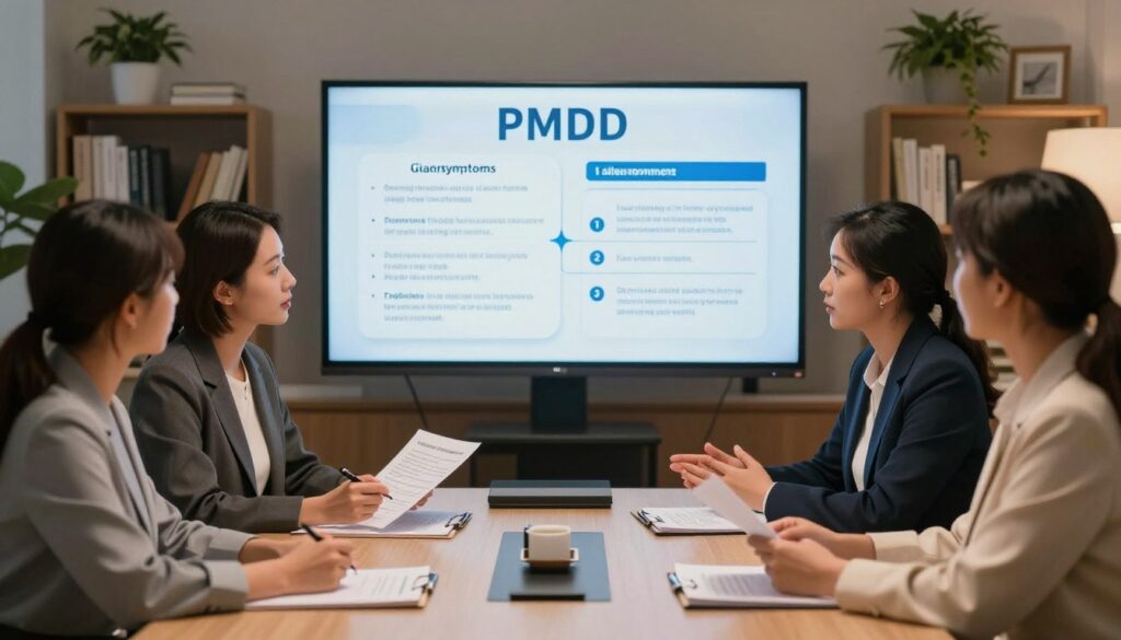 A well-organized PMDD assessment scene illustrating key takeaways related to PMDD diagnosis. In the foreground, a diverse group of three women in professional business attire, seated around a stylish conference table, intently discussing diagnostic criteria, with papers and medical charts in front of them. In the middle, a large screen displaying a detailed infographic on PMDD symptoms and assessments, subtly lit to draw attention. The background features soft-focus shelves filled with medical textbooks and plants, creating a calming atmosphere. The lighting is warm and professional, with soft shadows enhancing the focus on the assessment discussion. The overall mood conveys collaboration, understanding, and professionalism, fitting the premium medical magazine style. Editorial photography style. Vidah Plena | women's health. A well-organized PMDD assessment scene illustrating key takeaways related to PMDD diagnosis. In the foreground, a diverse group of three women in professional business attire, seated around a stylish conference table, intently discussing diagnostic criteria, with papers and medical charts in front of them. In the middle, a large screen displaying a detailed infographic on PMDD symptoms and assessments, subtly lit to draw attention. The background features soft-focus shelves filled with medical textbooks and plants, creating a calming atmosphere. The lighting is warm and professional, with soft shadows enhancing the focus on the assessment discussion. The overall mood conveys collaboration, understanding, and professionalism, fitting the premium medical magazine style. Editorial photography style. Vidah Plena | women's health.