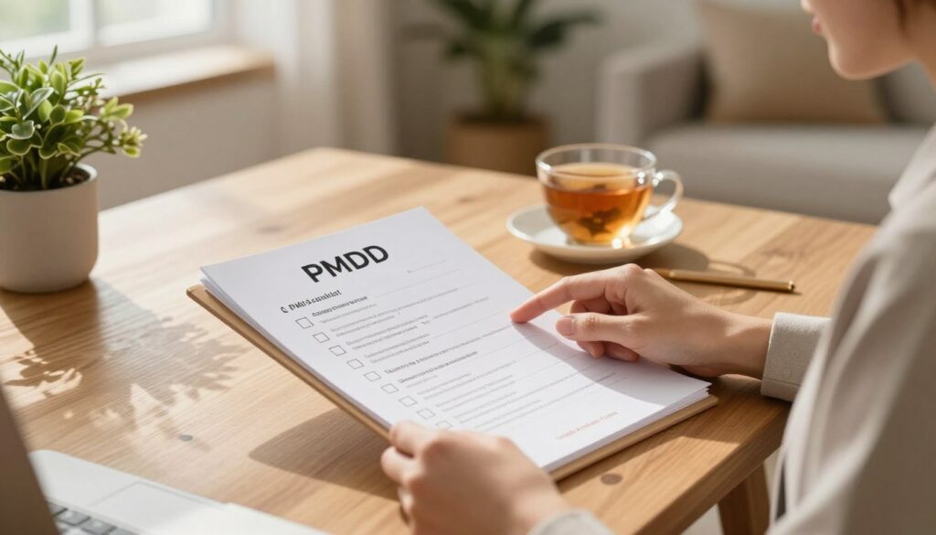 A well-organized PMDD checklist displayed on a wooden table, with checkboxes, bullet points, and clear headings. In the foreground, a hand of a woman in a professional business attire lightly touches the checklist, conveying engagement. The middle layer features a calming, softly lit workspace with a plant and a warm cup of herbal tea, symbolizing well-being. In the background, a cozy, inviting room with soft neutral colors creates an atmosphere of comfort and support. Natural light streams through a window, casting gentle shadows. The overall mood is promoting positivity and awareness around women's health. The branding "Vidah Plena | women's health" subtly integrated into the design conveys authority in the health sector.