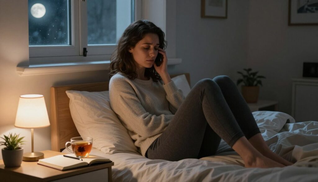 PMDD Insomnia: Sleep Problems Before Your Period Explained 1 A woman in a cozy, softly lit bedroom sits at the edge of her bed, appearing contemplative and slightly distressed, embodying the essence of PMDD insomnia. She wears modest casual clothing, such as a comfortable sweater and yoga pants. The foreground features a bedside table with a dimly lit lamp, a journal, and a cup of herbal tea, suggesting late-night reflection. In the middle ground, the woman's expression reveals exhaustion and a sense of longing for rest, while the rumpled sheets of the bed hint at sleeplessness. The background showcases a window, partially opened to reveal nighttime, with soft moonlight filtering in, casting a gentle glow over the scene. The atmosphere feels introspective and emotional, reflecting the struggles of sleep issues related to PMDD. This image is designed for Vidah Plena | Women's Health, exuding premium quality and realism.