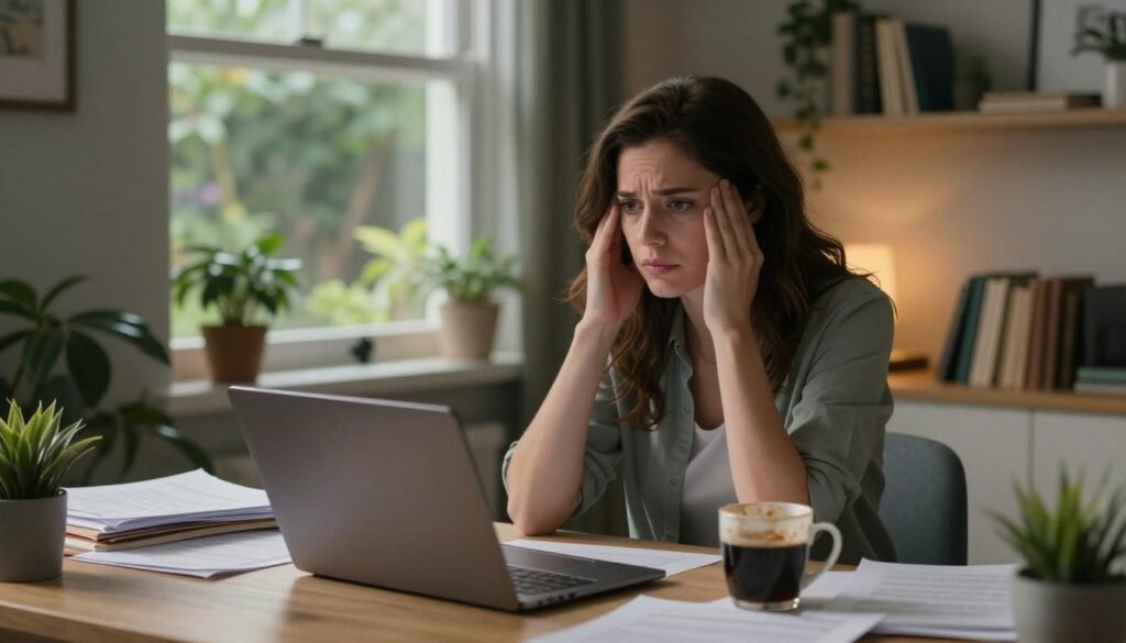 A woman in a cozy, softly lit home office, portraying a moment of overwhelming distraction and frustration due to executive dysfunction related to ADHD. In the foreground, she sits at a cluttered desk strewn with papers, an open laptop, and a half-finished mug of coffee, conveying chaos and disorganization. Her expression reflects deep concentration, yet visible stress, as she stares blankly at her screen. The middle layer includes a window showing a blurred garden outside, symbolizing the outside world slipping away. The background is filled with bookshelves and calming plants, hinting at her attempts to create a serene environment. The overall mood is relatable and emotional, capturing the struggle many women with ADHD face, while emphasizing professionalism with her modest casual clothing. A woman in a cozy, softly lit home office, portraying a moment of overwhelming distraction and frustration due to executive dysfunction related to ADHD. In the foreground, she sits at a cluttered desk strewn with papers, an open laptop, and a half-finished mug of coffee, conveying chaos and disorganization. Her expression reflects deep concentration, yet visible stress, as she stares blankly at her screen. The middle layer includes a window showing a blurred garden outside, symbolizing the outside world slipping away. The background is filled with bookshelves and calming plants, hinting at her attempts to create a serene environment. The overall mood is relatable and emotional, capturing the struggle many women with ADHD face, while emphasizing professionalism with her modest casual clothing.