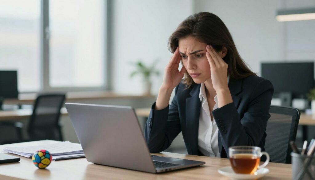A woman in a modern office environment, looking thoughtfully at her laptop while rubbing her temples, reflecting the internal struggle of PMDD. Foreground: the woman, dressed in professional business attire, appears focused yet slightly overwhelmed. Middle: a cluttered desk with papers, a stress ball, and a warm cup of tea, illustrating the chaotic nature of managing PMDD at work. Background: bright office space with large windows casting soft, natural light, enhancing the atmosphere of a typical workday. The mood is contemplative and introspective, showcasing the impact of PMDD on work performance. Editorial women's health photography style, ensuring realism, professionalism, and empathy in representation. Vidah Plena | women's health.