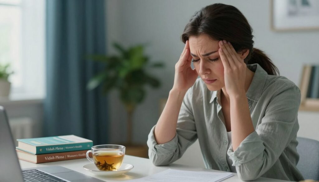 PMDD Headaches: Causes, Triggers, and Treatment Options 1 A woman in her 30s, dressed in modest casual clothing, sits at a stylish, well-lit desk in a modern home office, gently holding her head with a pained expression, reflecting PMDD headaches. In the foreground, a close-up reveals her thoughtful eyes, showcasing a sense of frustration and fatigue. The middle ground features a soft-focus view of wellness books and a cup of herbal tea, symbolizing coping strategies. The background has a calming color palette of blues and greens, with plant life providing a serene atmosphere. The lighting is soft yet bright, filtering in through a window, creating a peaceful yet contemplative mood. This image conveys the emotional and physical toll of PMDD headaches, emphasizing the theme of women's health, branded as "Vidah Plena | Women's Health".
