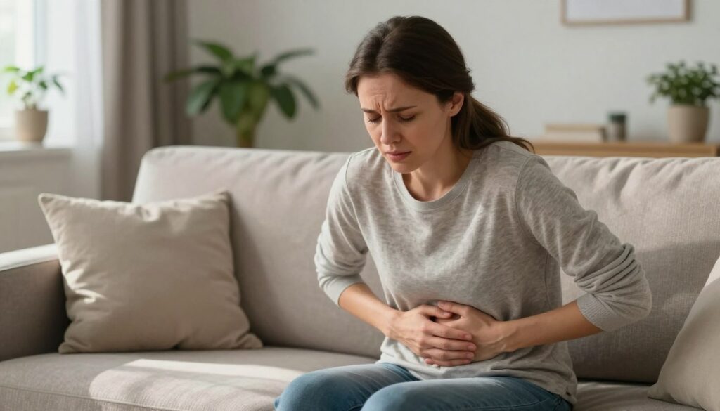 A woman in her 30s, dressed in modest casual clothing, sits on a soft, neutral-toned couch with a pained expression, gently holding her stomach, illustrating PMDD nausea. The foreground features her delicate hands, slightly trembling, emphasizing vulnerability. In the middle, potted plants and soft pillows add warmth, creating a comforting ambiance. A faint light streams in from a nearby window, casting gentle shadows and enhancing the intimate atmosphere. The background shows a well-organized living space, representing a safe haven. The image captures a blend of emotional struggle and hope, aiming for a professional, editorial look. The overall tone is realistic, clean, and touching, reflecting the seriousness of PMDD while maintaining a sense of compassion. Vidah Plena | Women's Health.
