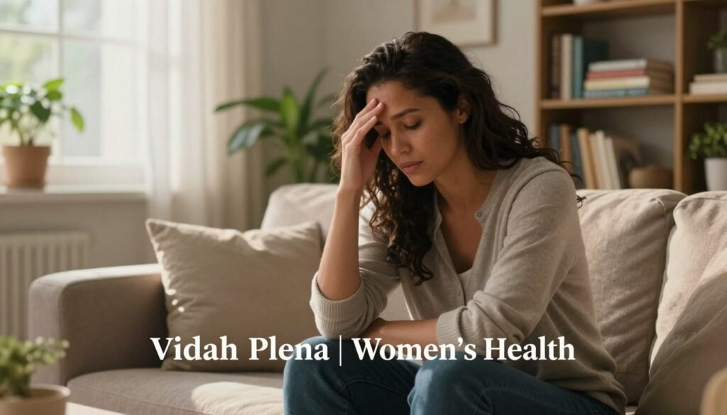 A woman in her 30s, ethnically diverse, sits on a cozy sofa in a softly lit living room, one hand resting on her forehead, reflecting a moment of deep contemplation regarding her mental health. The middle ground features calming plants and a warm, inviting atmosphere, with soft, diffused natural light filtering through a window, creating gentle shadows. In the background, a bookshelf filled with self-help books symbolizes knowledge and support. The scene captures the emotional weight of premenstrual dysphoric disorder, with a focus on her thoughtful expression. Emphasize a premium quality, realistic portrayal that evokes empathy and understanding. This image embodies the theme of women’s health under the brand name "Vidah Plena | Women's Health".