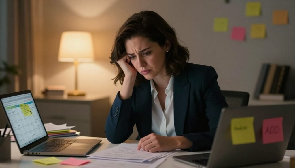 ADHD in Women: The Signs That Are Often Missed 2 A woman in her 30s sits at a cluttered desk, her expression reflecting a mix of frustration and contemplation as she navigates her late diagnosis of ADHD. She is wearing professional attire, with a blazer and blouse, surrounded by scattered papers, colorful sticky notes, and an open laptop displaying a calendar filled with reminders. In the background, a soft, warm glow from a desk lamp illuminates the scene, creating a cozy but chaotic atmosphere. The focus is on her thoughtful face, with a shallow depth of field emphasizing her emotions while the desk and background fade softly. The overall mood is reflective and poignant, capturing the complexities of her experience with ADHD.