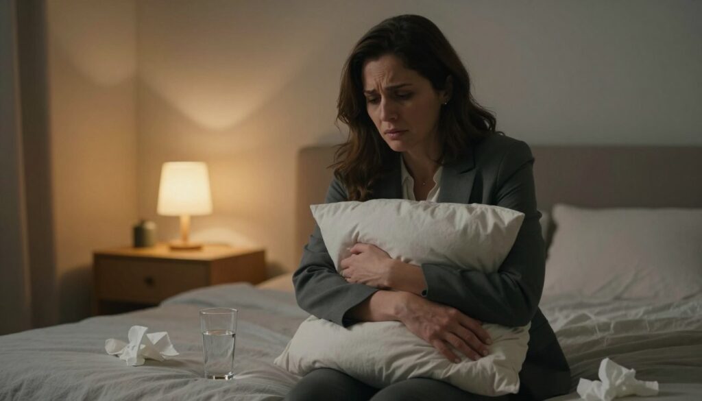 A woman in her 30s, wearing modest yet professional attire, sits on the edge of her bed in a softly lit bedroom, her expression a mix of anxiety and contemplation. She clutches a pillow tightly, surrounded by scattered tissues and a glass of water, symbolizing the chaos of PMDD-related panic attacks. In the foreground, her hands are prominently featured, emphasizing tension. The middle ground showcases a bedside table with a small lamp casting a warm glow, adding to the emotional atmosphere. The background features softly blurred images of shadowy, indistinct figures, evoking feelings of overwhelm and unease. The overall mood is one of introspection and vulnerability, capturing the essence of emotional struggles. The image is framed beautifully, hinting at warmth and empathy, embodying a sense of care. Vidah Plena | Women's Health. A woman in her 30s, wearing modest yet professional attire, sits on the edge of her bed in a softly lit bedroom, her expression a mix of anxiety and contemplation. She clutches a pillow tightly, surrounded by scattered tissues and a glass of water, symbolizing the chaos of PMDD-related panic attacks. In the foreground, her hands are prominently featured, emphasizing tension. The middle ground showcases a bedside table with a small lamp casting a warm glow, adding to the emotional atmosphere. The background features softly blurred images of shadowy, indistinct figures, evoking feelings of overwhelm and unease. The overall mood is one of introspection and vulnerability, capturing the essence of emotional struggles. The image is framed beautifully, hinting at warmth and empathy, embodying a sense of care. Vidah Plena | Women's Health.