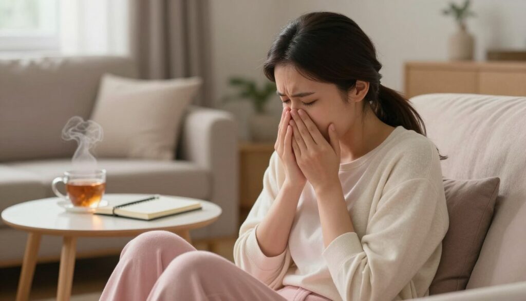 A woman in her late 20s, sitting in a softly lit, cozy living room, showcasing a subtle expression of discomfort associated with menstrual nausea. She is wearing comfortable, modest casual clothing, reflecting her relatable and vulnerable moment. The foreground features gentle hues of pink and cream, symbolizing warmth and femininity, while her slightly bent posture suggests a sense of unease. In the middle background, a small table with a steaming cup of herbal tea and a notebook, indicating self-care and reflection. The soft, diffused lighting creates a serene atmosphere, enhancing the emotional depth of the image. The scene captures the essence of women's health in a premium, realistic style. Vidah Plena | Women's Health.