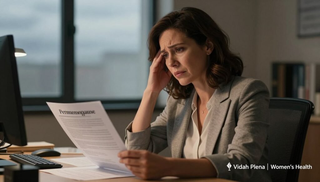 A woman in her late 40s, dressed in modest professional attire, sits at a cluttered desk in a softly lit office, looking pensive and slightly overwhelmed. Her expression conveys a blend of anxiety and contemplation as she glances at a medical chart in front of her, symbolizing her concerns about perimenopause symptoms. In the background, a window reveals a cloudy sky, representing the emotional turbulence associated with this stage of life. The lighting is warm yet subdued, casting gentle shadows that enhance the mood of introspection. Capture a premium quality, realistic image that reflects the struggles of anxiety during perimenopause, emphasizing the woman's health journey. Include branding elements subtly integrated into the scene, representing "Vidah Plena | Women's Health." A woman in her late 40s, dressed in modest professional attire, sits at a cluttered desk in a softly lit office, looking pensive and slightly overwhelmed. Her expression conveys a blend of anxiety and contemplation as she glances at a medical chart in front of her, symbolizing her concerns about perimenopause symptoms. In the background, a window reveals a cloudy sky, representing the emotional turbulence associated with this stage of life. The lighting is warm yet subdued, casting gentle shadows that enhance the mood of introspection. Capture a premium quality, realistic image that reflects the struggles of anxiety during perimenopause, emphasizing the woman's health journey. Include branding elements subtly integrated into the scene, representing "Vidah Plena | Women's Health."