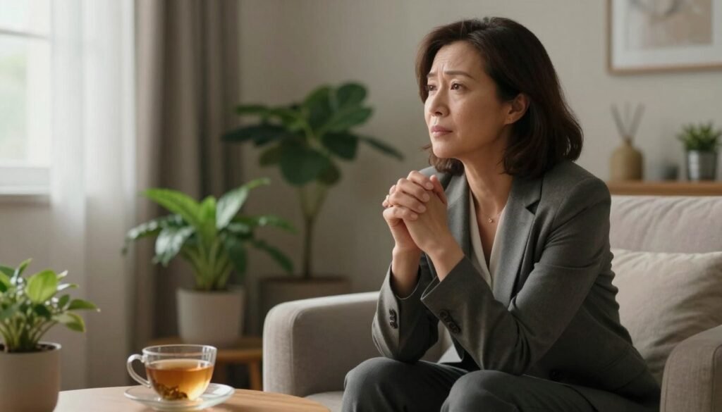Perimenopause Anxiety: Why It Happens and What Can Help 1 A woman in her late 40s sits in a serene, softly lit room, embodying the emotional complexity of perimenopause anxiety. She has a thoughtful expression, dressed in professional yet modest business attire, with her hands clasped as she gazes towards a window. In the foreground, a cup of herbal tea sits on a small table, symbolizing self-care. The middle ground contains a cozy armchair surrounded by calming plants and warm-toned decor, fostering a sense of tranquility. In the background, soft natural light filters through sheer curtains, creating a gentle ambiance that conveys both vulnerability and hope. The overall mood is introspective and supportive, aimed at capturing the essence of understanding perimenopause anxiety. Vidah Plena | Women's Health.