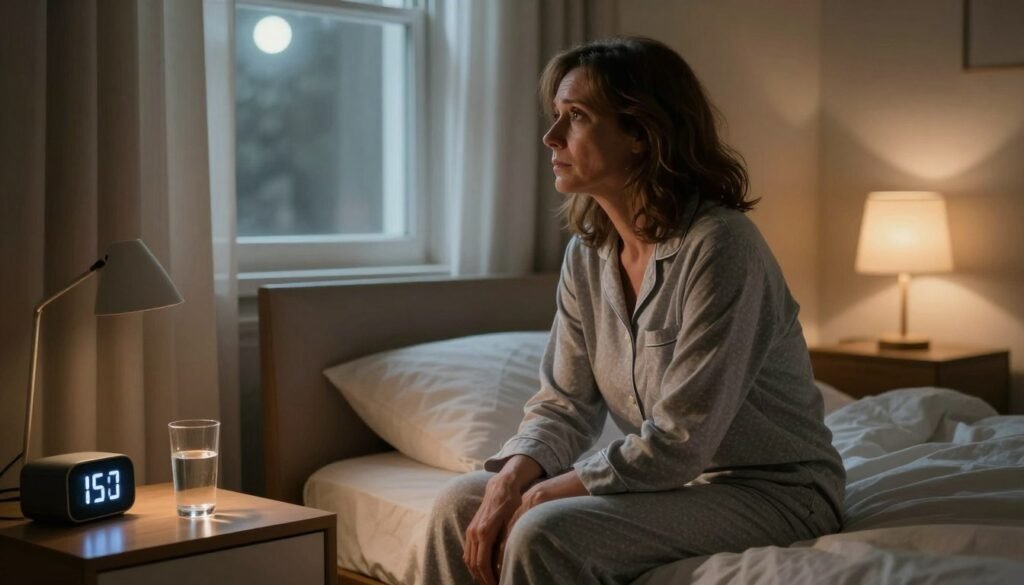 A woman in her late 40s, sitting on the edge of a neatly-made bed in a softly lit bedroom, is gazing out of the window, looking troubled and fatigued. She wears comfortable yet modest pajamas, her hair slightly disheveled, capturing the essence of struggle with perimenopause insomnia. In the foreground, a bedside table with a glass of water and a small digital clock shows a late hour, emphasizing her sleeplessness. The middle layer contains dim but warm lighting from a bedside lamp, casting gentle shadows, creating a reflective and intimate atmosphere. In the background, soft, neutral-toned curtains frame the window, allowing hints of moonlight to seep in, adding to the serene yet melancholic mood. The overall composition reflects emotional depth and the challenges of sleep disruption. Image credit: Vidah Plena | Women's Health.