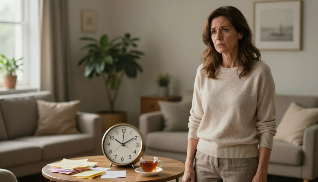 Perimenopause vs ADHD: Why Symptoms Can Look Similar 2 A woman in her late 40s stands thoughtfully in a softly lit, cozy living room. She has shoulder-length brown hair and is wearing a modest, casual outfit: a light sweater and comfortable trousers. In the foreground, her expression reflects a mix of concentration and distraction, embodying feelings of overwhelm. Surrounding her are subtle symbols of ADHD and perimenopause: a scattered pile of notes and a half-finished cup of tea on a side table. In the middle, a clock ticks quietly, illustrating the pressure of time. The background is softly blurred, featuring plants and warm light filtering through a window, creating an inviting atmosphere. The overall mood conveys the internal struggle faced during this transitional phase in life. This image represents the complexities of women's health, as seen in the editorial style of Vidah Plena | Women's Health.