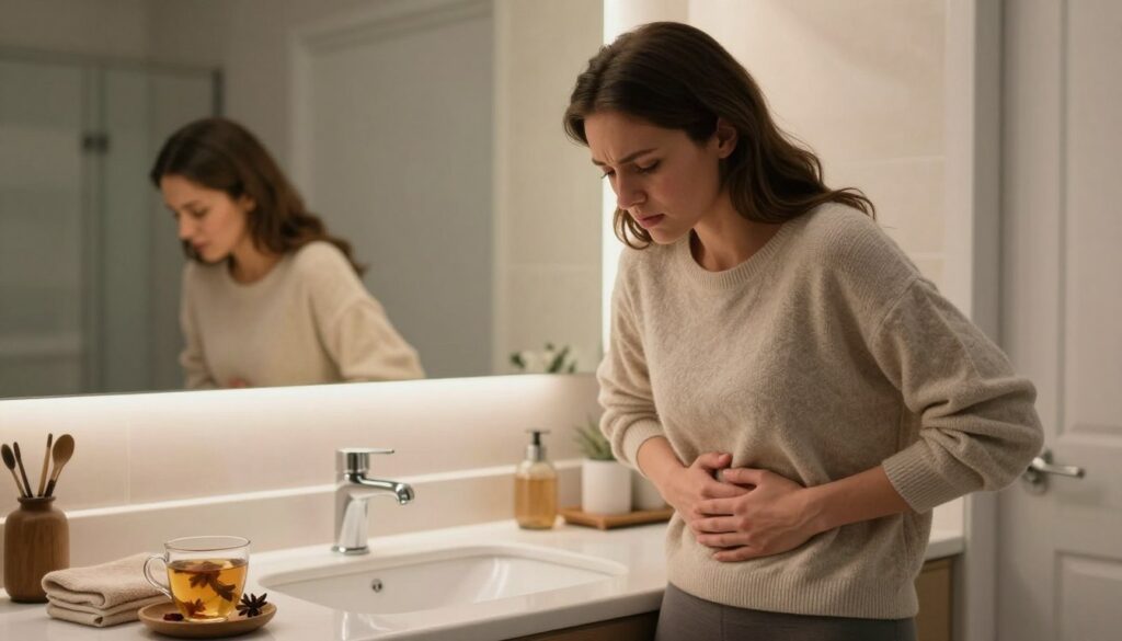 A woman in her late twenties stands in a softly lit, modern bathroom, gently touching her abdomen with a concerned expression, conveying the discomfort of bloating before her period. She is dressed in a comfortable, modest outfit, such as a loose-fitting sweater and yoga pants, reflecting a casual yet composed lifestyle. The foreground includes subtle details like a warm towel and herbal tea on the counter, suggesting soothing relief methods. In the middle, a mirror reflects her image, juxtaposed with soft, ambient lighting that creates a calming atmosphere. The background features neutral tones and soft textures, enhancing the feeling of tranquility. The overall mood is one of understanding and empowerment, ideal for a women's health context. Vidah Plena | Women's Health.