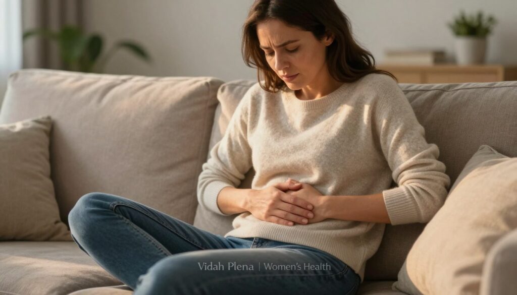 A woman in her mid-30s, seated comfortably on a soft, neutral-toned couch, gently holding her abdomen with a thoughtful expression. She wears a light, modest sweater and casual jeans, reflecting a relatable and approachable look. In the foreground, a warm, golden light subtly illuminates her, emphasizing a sense of comfort and empathy. The background features soft, out-of-focus elements like indoor plants and gentle textures that create a serene atmosphere. The overall mood conveys the emotional experience of bloating before a period, depicting both discomfort and resilience. The entire composition exudes a premium quality, fitting for a women's health editorial, with the brand name "Vidah Plena | Women's Health" subtly implied in the scene's aesthetic.