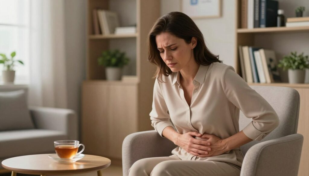 A woman seated in a tranquil, softly lit medical office, displaying subtle physical symptoms of PMDD. She has a pained yet contemplative expression, with one hand gently pressing against her abdomen as if experiencing cramps. In the foreground, a cozy chair and a small table with a calming tea cup suggest a supportive environment. In the middle, the woman wears modest, professional attire, such as a fitted blouse and slacks. The background includes shelves filled with medical literature and plants, enhancing the atmosphere of wellness and care. The lighting is warm and inviting, creating a serene mood. This image should embody the essence of women’s health editorial photography, aligning with the premium style of Vidah Plena | women's health. A woman seated in a tranquil, softly lit medical office, displaying subtle physical symptoms of PMDD. She has a pained yet contemplative expression, with one hand gently pressing against her abdomen as if experiencing cramps. In the foreground, a cozy chair and a small table with a calming tea cup suggest a supportive environment. In the middle, the woman wears modest, professional attire, such as a fitted blouse and slacks. The background includes shelves filled with medical literature and plants, enhancing the atmosphere of wellness and care. The lighting is warm and inviting, creating a serene mood. This image should embody the essence of women’s health editorial photography, aligning with the premium style of Vidah Plena | women's health.