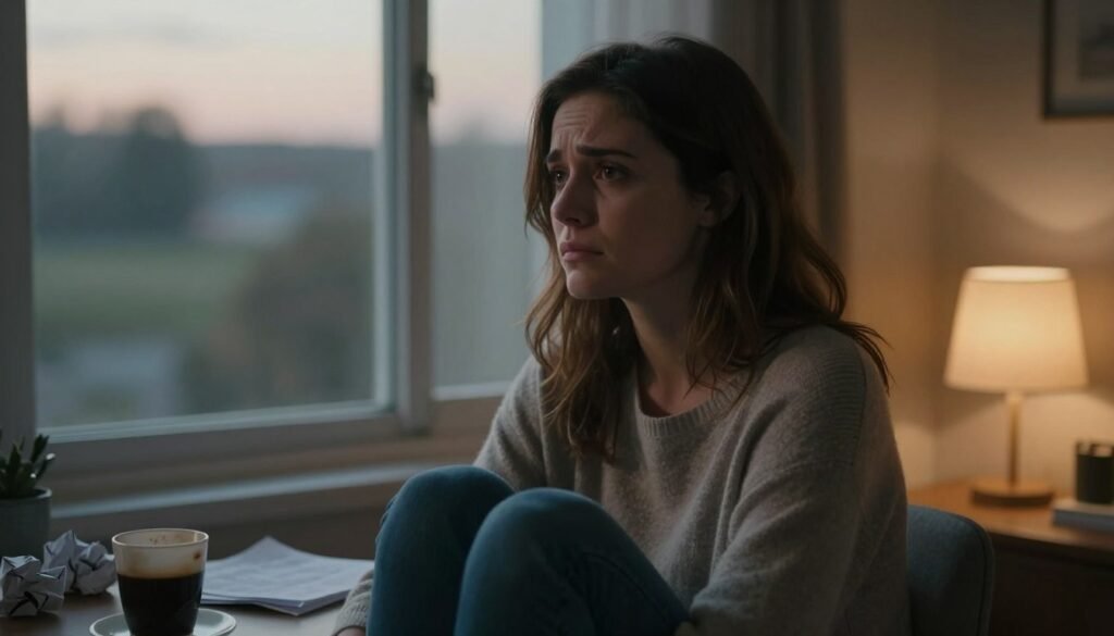 Undiagnosed ADHD in Women: 15 Signs You Shouldn't Ignore 2 A woman sitting alone in a softly lit, cozy room, displaying emotions of anxiety and frustration. She has shoulder-length brown hair and is dressed in a modest, casual sweater. Her facial expression shows a mix of sadness and contemplation, with a slight frown, as she stares out of a window into the blurred landscape outside, where muted colors of dawn suggest a new beginning. Surrounding her are subtle elements representing emotional turmoil: crumpled papers on a desk, a half-filled cup of coffee, and a softly glowing lamp casting warm light. The mood is introspective and poignant, capturing the complexity of emotional dysregulation in women with ADHD, all in a realistic and premium quality style.