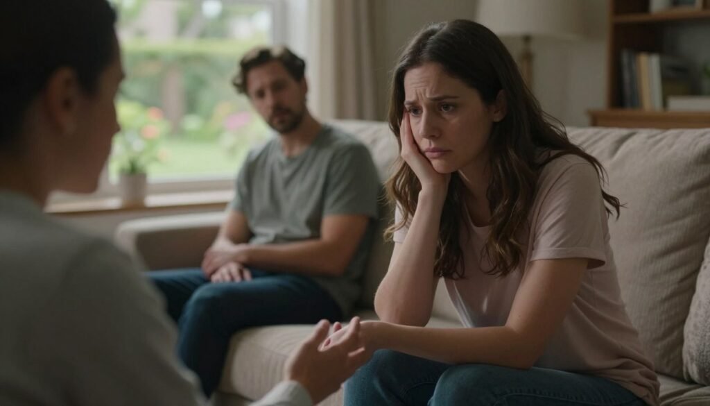 ADHD in Women: The Signs That Are Often Missed 1 A woman sitting on a couch, looking pensive and slightly distressed, while her partner sits beside her, appearing concerned and trying to reach out emotionally. In the foreground, capture their hands almost touching, symbolizing connection yet distance. The middle ground features a cozy living room with soft lighting that creates a warm, intimate atmosphere, enhancing the emotional tone. In the background, a window with soft natural light filtering through, depicting a beautiful, serene garden that contrasts with the tension in the scene. The overall mood should convey a sense of vulnerability and the challenges faced in relationships affected by undiagnosed ADHD. Use a realistic, editorial style, focusing on capturing authentic emotions in a professional manner.