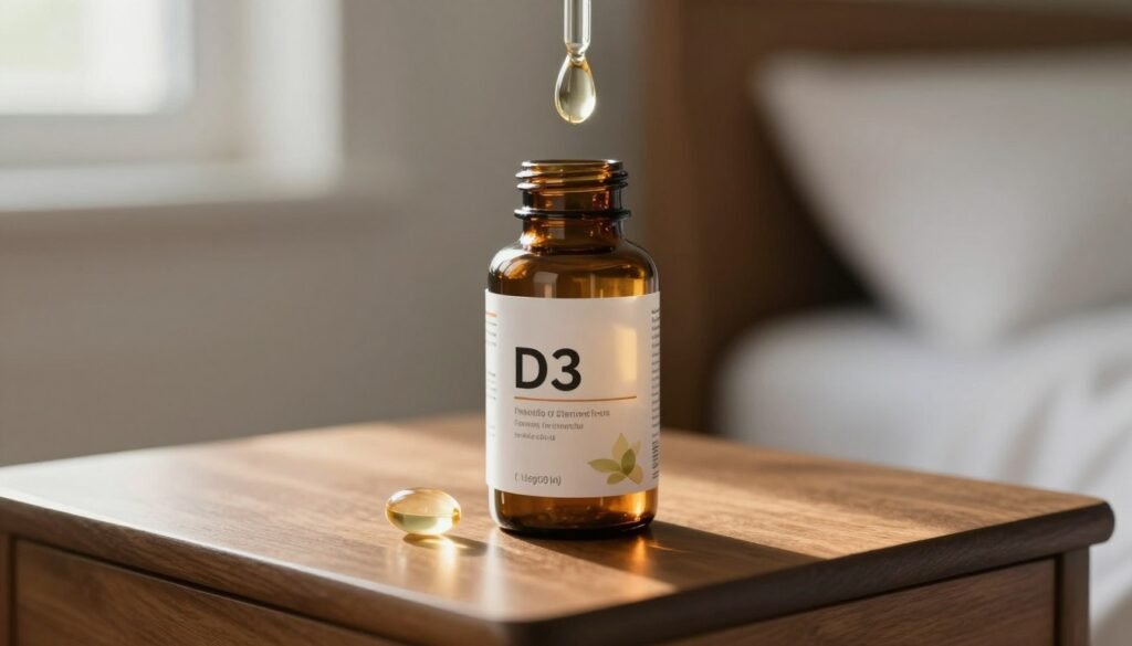 An amber glass bottle of vitamin D3 drops on a wooden bedside table with soft morning sunlight hitting the glass, clear and clinical.