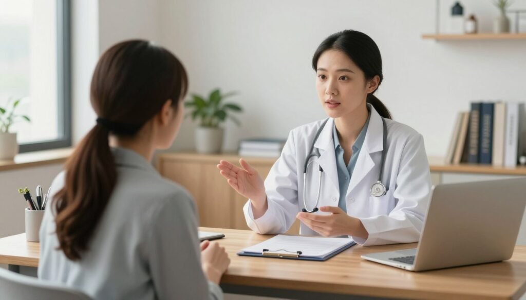 An illustrative photograph of a modern medical consultation office where a supportive female doctor is explaining hormone therapy options to a patient, featuring a clear, warm, and professional atmosphere with a wooden desk and soft natural lighting.