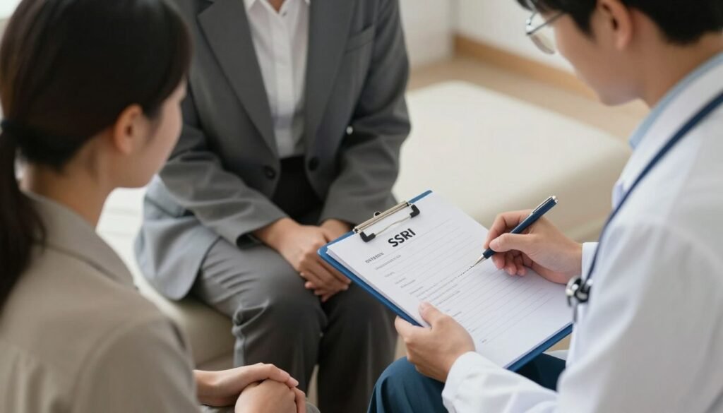 An overhead shot of a patient and doctor discussing medical options, focusing on a notepad with SSRI medications listed, warm and supportive environment.