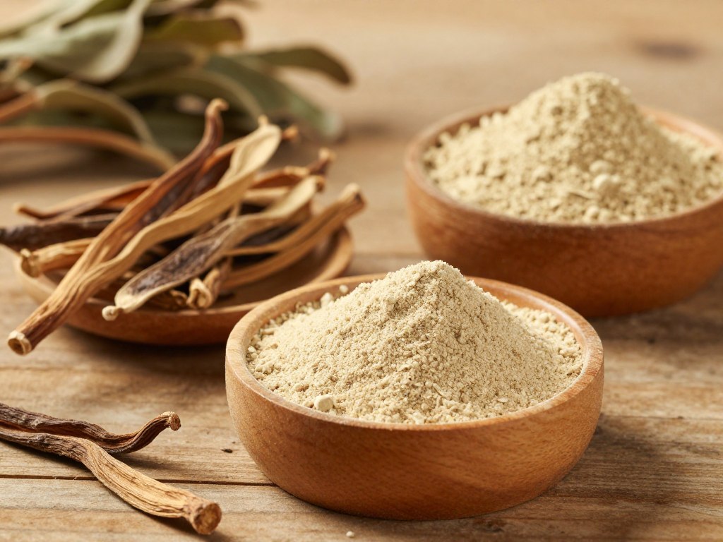 Ashwagandha root powder and fresh roots for PMDD stress management