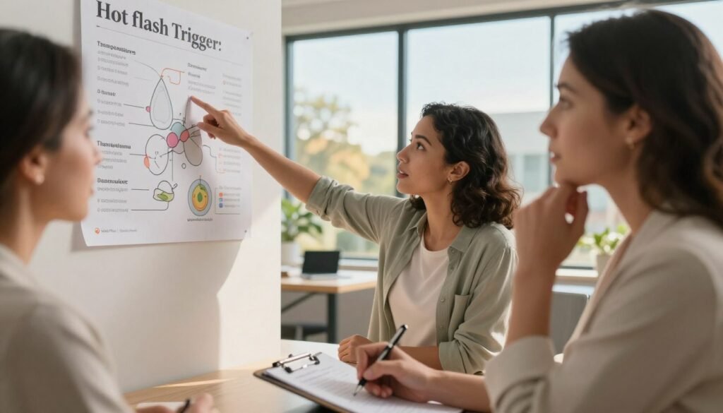 Close-up of a diverse group of women in a well-lit, modern office setting, engaged in a discussion about hot flash triggers. In the foreground, a middle-aged woman, dressed in professional attire, looks thoughtful as she jots down notes on a clipboard. In the middle, a younger woman gestures animatedly, pointing to a chart on the wall illustrating various triggers like stress, temperature, and diet. In the background, a serene window displays a sunny outdoor scene, symbolizing wellness. The lighting is warm, creating an inviting and supportive atmosphere. The mood reflects empowerment and understanding, inviting viewers to identify and discuss their health needs. The overall image conveys professionalism and compassion in women's health, branded subtly with "Vidah Plena | Women's Health" integrated into the scene.