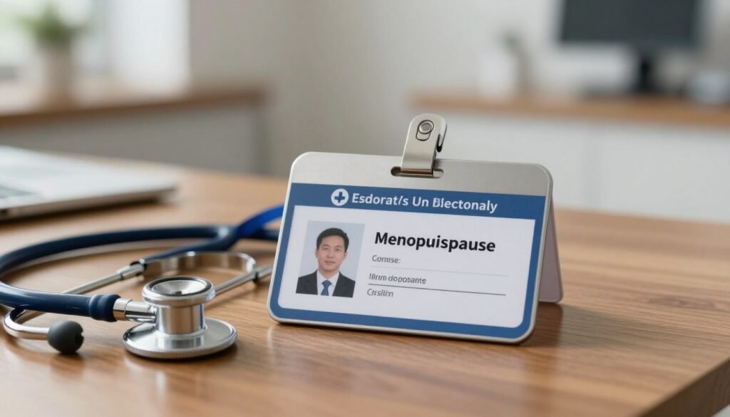 Close-up of a professional medical certification badge for a menopause practitioner resting on a wooden desk next to a stethoscope, blurred medical office background, professional and reassuring. Close-up of a professional medical certification badge for a menopause practitioner resting on a wooden desk next to a stethoscope, blurred medical office background, professional and reassuring.