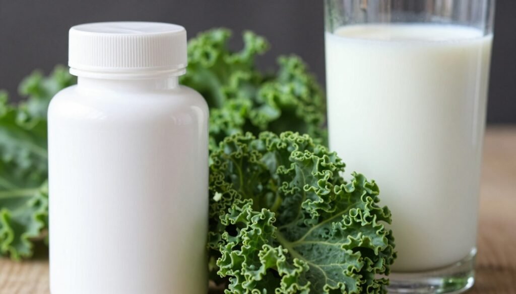 Close-up of a white calcium citrate supplement bottle next to a glass of fortified milk and a bunch of fresh green kale leaves.
