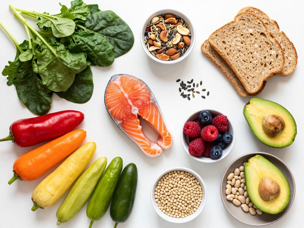 Colorful assortment of PMDD-friendly foods including leafy greens, salmon, nuts, seeds, whole grains, and fresh vegetables
