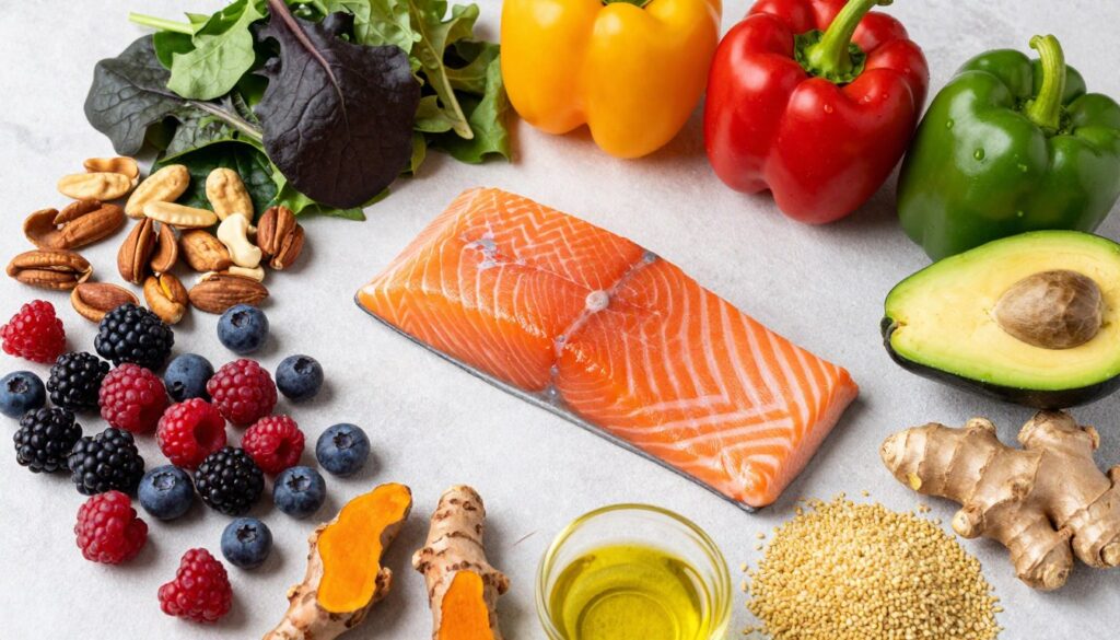 Colorful display of anti-inflammatory foods including salmon, berries, leafy greens, nuts, and vegetables