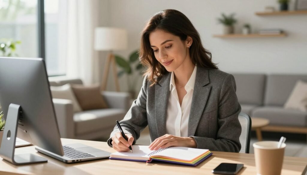 Undiagnosed ADHD in Women: 15 Signs You Shouldn't Ignore 6 Create a photo of a professional woman in her 30s sitting in a sunlit, modern home office, looking peaceful and focused while writing in a colorful planner, representing successful ADHD treatment and organizational balance.