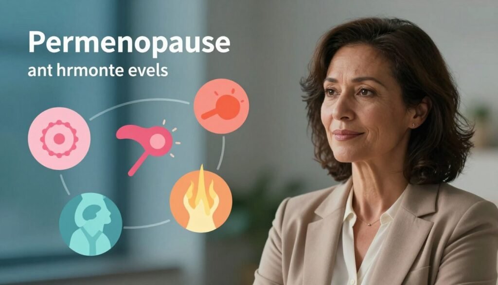 Create a professional and emotional image depicting the concept of perimenopause and hormone levels. In the foreground, feature a warm-toned illustration of a diverse, middle-aged woman dressed in professional business attire, looking contemplative with a slight smile, symbolizing empowerment and understanding. In the middle, incorporate elements representing hormonal changes: vibrant, abstract illustrations of hormones like estrogen and progesterone, along with symbolic representations of common symptoms such as mood swings and hot flashes in subtle colors. The background should softly blend into calming blues and greens, evoking a sense of tranquility and support. Use soft, natural lighting to enhance a warm, inviting atmosphere. Aim for premium quality, emphasizing the theme of women's health as related to Vidah Plena | Women's Health.