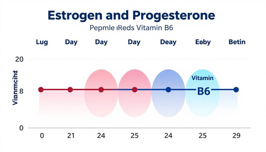Diagram showing hormonal fluctuations throughout the menstrual cycle and vitamin B6 supplementation timing