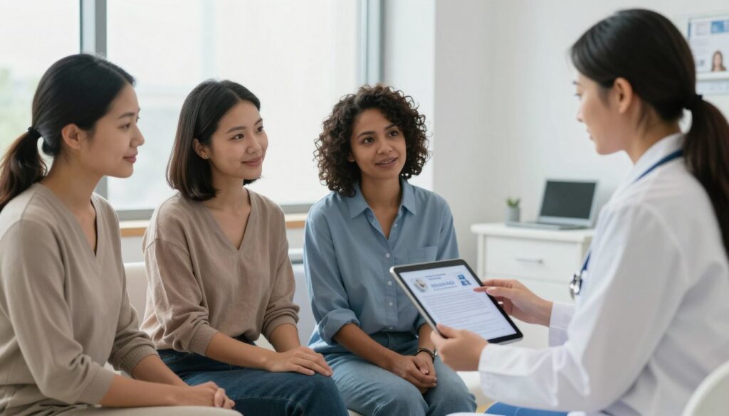 Diverse group of women of different ages discussing PMDD treatment options with healthcare provider in consultation room