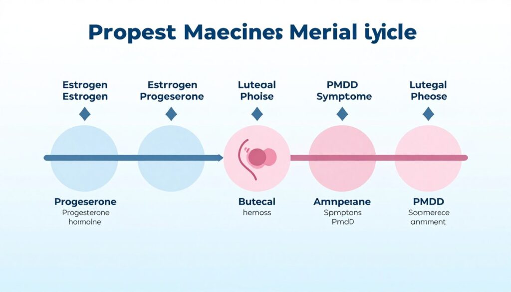 Educational diagram showing menstrual cycle phases with hormone levels and PMDD symptom timeline during luteal phase