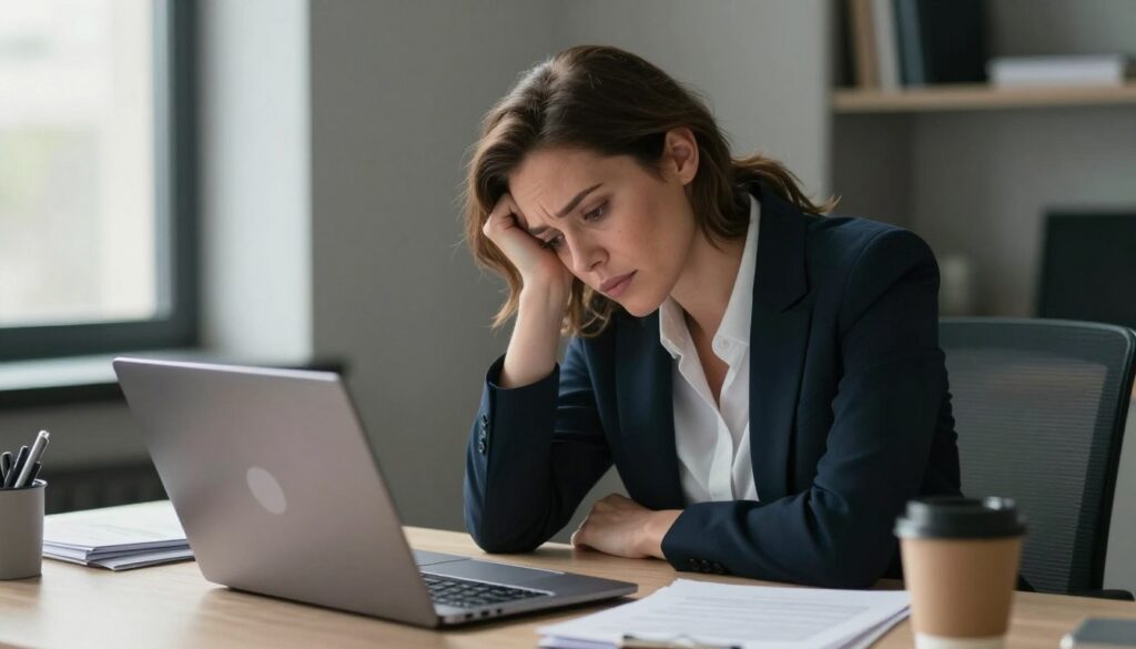 Emotionally exhausted woman attempting to maintain productivity while experiencing burnout and anxiety symptoms