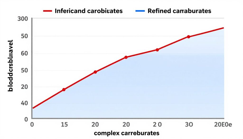Graph showing blood sugar fluctuations with refined carbohydrates versus stable levels with complex carbohydrates