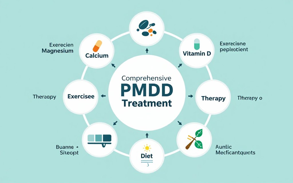 Holistic PMDD treatment plan diagram showing multiple therapeutic approaches