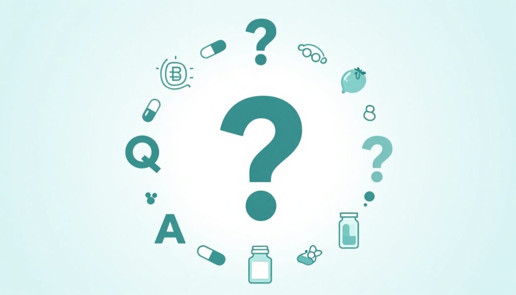 Illustration of frequently asked questions about PMDD supplements with question marks and supplement icons
